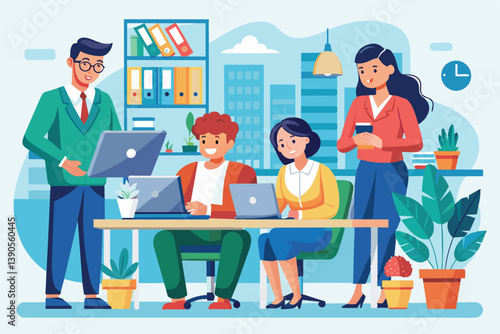 A group of professionals engage in collaboration around a table with laptops while discussing ideas in a vibrant, plant-filled office environment.