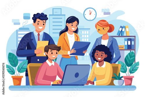 A team of enthusiastic coworkers collaborates around a laptop in a modern office filled with plants and shelves, showcasing teamwork and creativity.