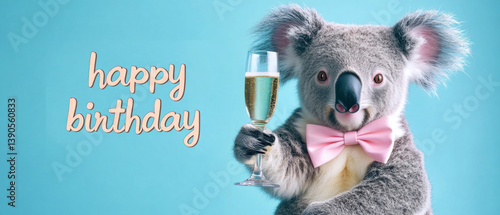 Happy Birthday or other festive celebration, funny animals animal card - koala bear with bowtie, holding a glass of champagner, text 