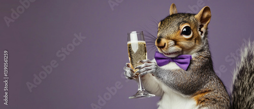Fototapeta Naklejka Na Ścianę i Meble -  Happy Birthday, carnival, New Year's eve, sylvester or other festive celebration, funny animals card - squirrel with bowtie holding a glass of champagner, purple background