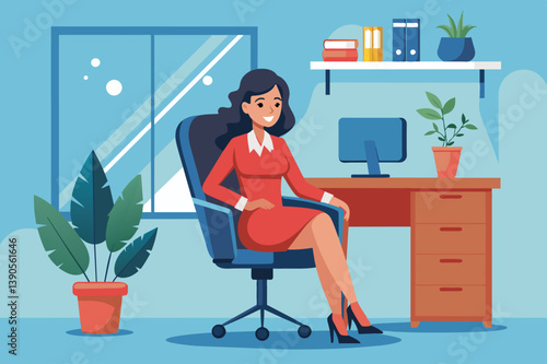 A confident woman sits in her office, dressed in a red dress, with a colorful desk setup. The bright space features plants, a computer, and natural light streaming in.