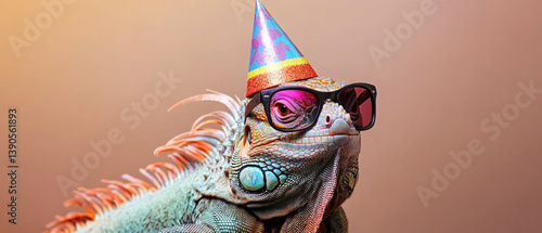 Fototapeta Naklejka Na Ścianę i Meble -  Happy Birthday, carnival, New Year's eve, sylvester or other festive celebration, funny animals card - lizard, chameleon, reptile, with party hat and colorful sunglasses, pastel brown background