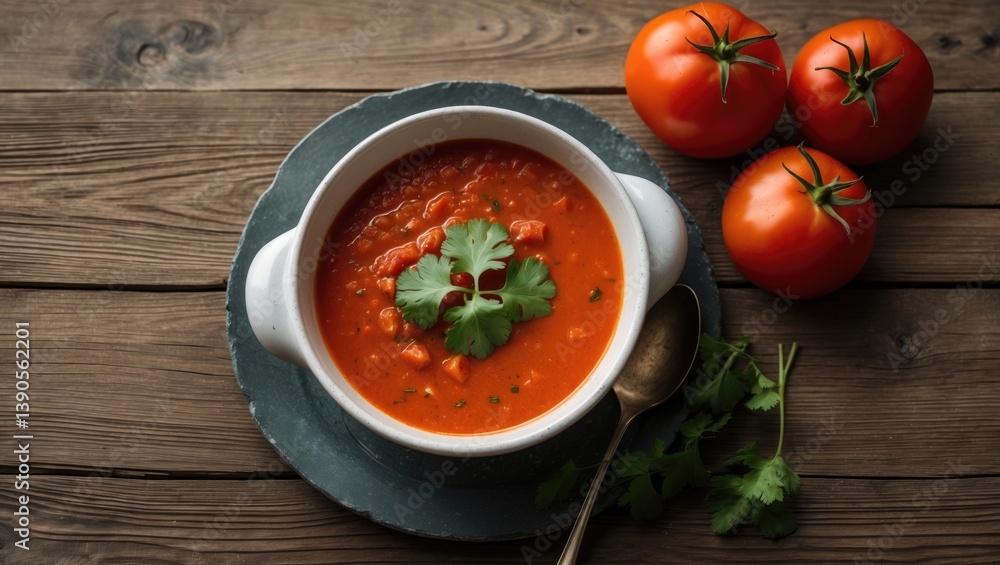 Tomato soup displayed on a wooden table, overhead view Tomato soup displayed on a wooden table, overhead view