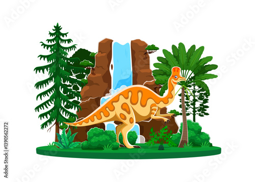 Dinosaur or prehistoric lizard Corythosaurus and Jurassic dino animal, cartoon vector. Prehistoric era Corythosaurus dinosaur of hadrosaurid species for kids paleontology encyclopedia and dino book