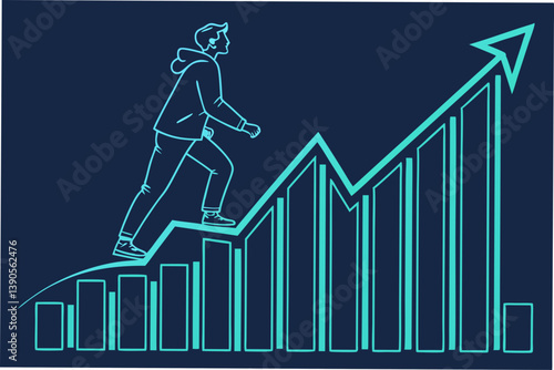 Abstract image of financial success: growing graph of glowing lines, dark blue background, digital style