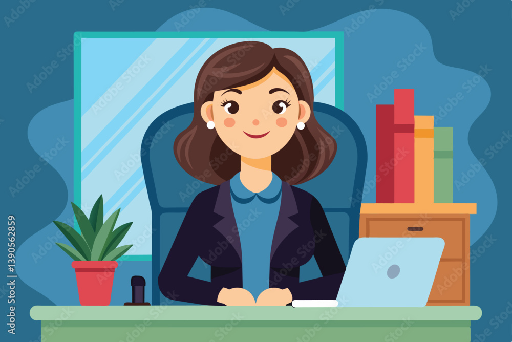 A confident woman with brown hair, dressed in a blazer, is seated at her desk, smiling and ready for work, surrounded by plants and colorful books. A confident woman with brown hair, dressed in a blazer, is seated at her desk, smiling and ready for work, surrounded by plants and colorful books.