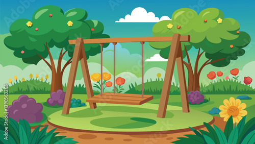 A wooden swing is nestled in a colorful park, surrounded by blooming flowers and verdant trees under a bright blue sky filled with fluffy clouds.