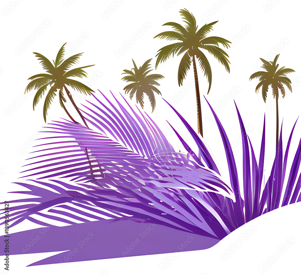 Naklejka premium Palms silhouettes violet sunset sky. Night landscape with palm trees on beach.Creative trendy summer tropical background.Vacation travel concept.Retro, synthwave,retrowave style,generative ai