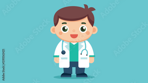 A happy cartoon doctor character smiles while wearing a white coat and stethoscope, showcasing an inviting and friendly demeanor against a soft blue backdrop.