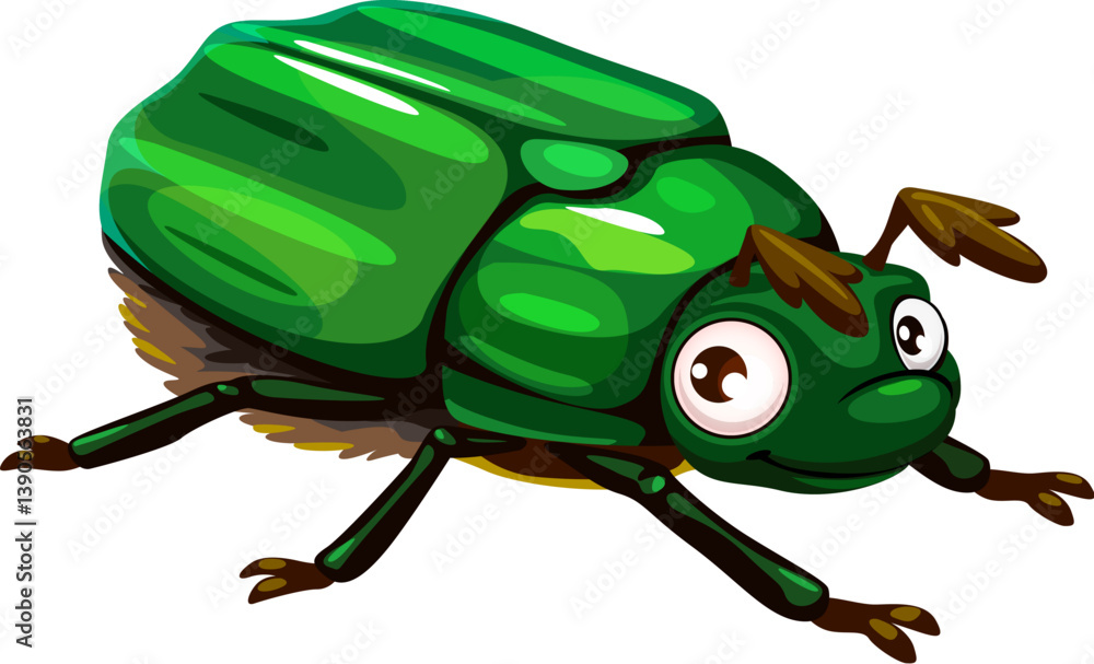 Fototapeta premium Cartoon funny cockchafer insect character, vector bug mascot for kids. Cartoon maybug or maybeetle, doodlebug or green scarab with cheerful smile on face and googly eyes for cute insect character