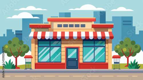The vibrant storefront features red and white striped awning and ample windows, surrounded by green trees and urban buildings, showcasing a lively city atmosphere.