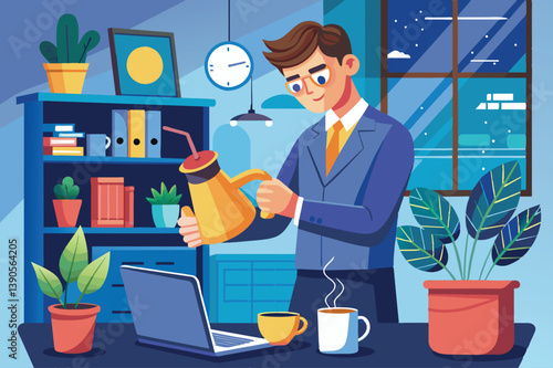 A man dressed in a suit pours coffee from a yellow kettle into a cup while working on his laptop in a well-decorated home office surrounded by plants.