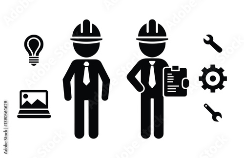 stickman engineer icon, isolated human silhouettes, stick figure people in helmets, workers in production