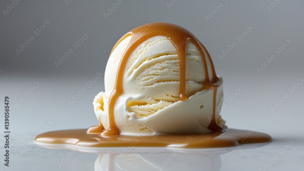 Fototapeta premium vanilla ice cream topped with melted caramel sauce against a plain background