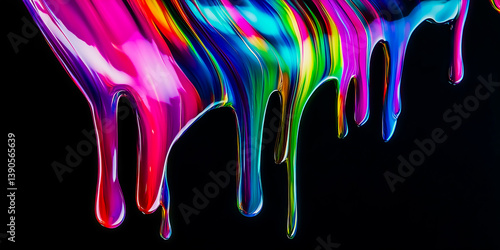 Fototapeta Naklejka Na Ścianę i Meble -  Dynamic drips of vibrant, glossy rainbow paint flow down against a stark black background. Abstract, creative, and colorful.