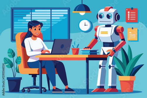 A woman sits at a desk using a laptop while a friendly robot stands beside her in a colorful office, enhancing their collaborative work experience.