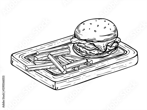 Monochrome vector burger and French fries placed on wooden serving board. Minimalist street food in black and white line art style. Classic homemade beef or vegan sandwich for packaging, menu design