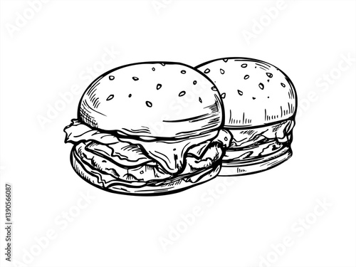 Monochrome vector two lunch sesame burgers with meat, vegetables line art painted by black inks. Etching drawing of classic homemade tasty beef or vegan sandwiches for fast food packaging, menus