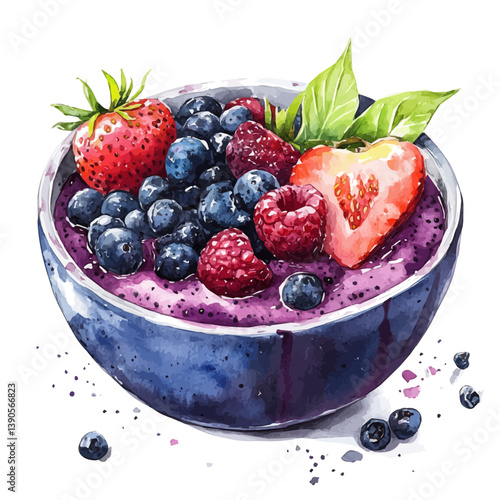 A watercolor painting of acai bowl, isolated on a white background. Acai bowl vector

