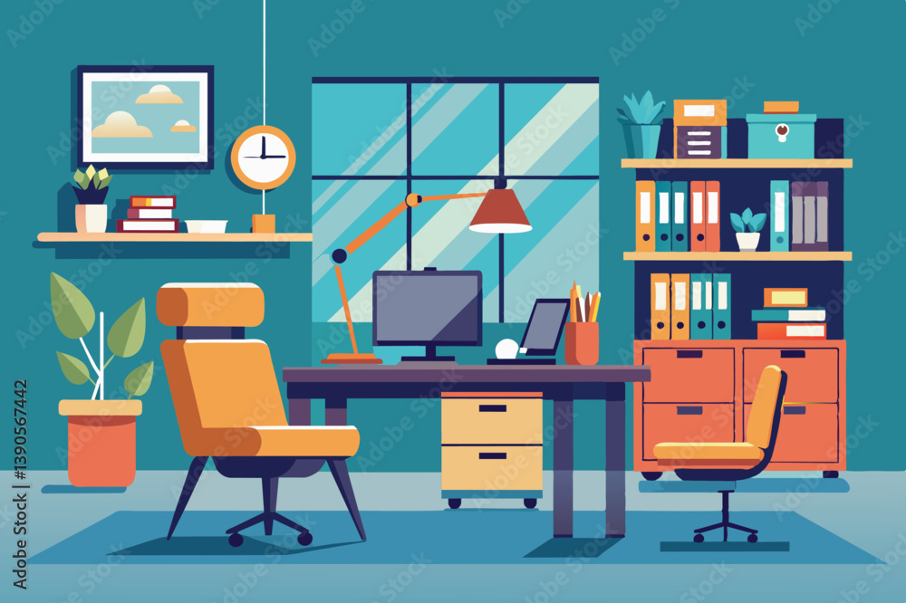 A stylish office setup features a large desk with a computer, comfortable chairs, shelves filled with books and supplies, and potted plants, creating a productive environment. A stylish office setup features a large desk with a computer, comfortable chairs, shelves filled with books and supplies, and potted plants, creating a productive environment.