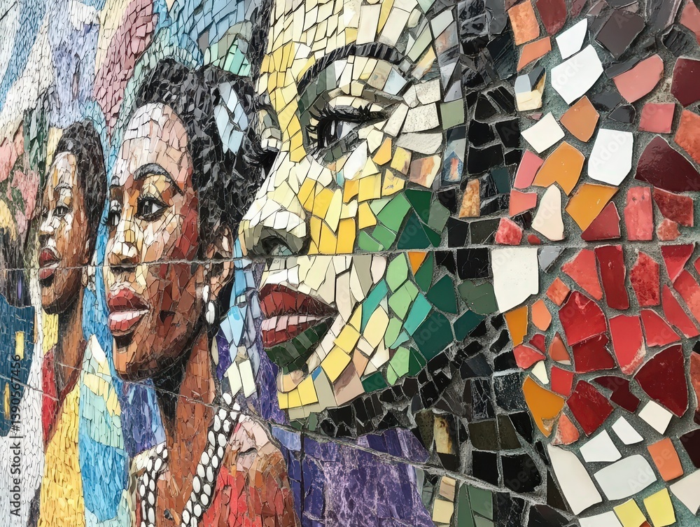 Fototapeta premium Vibrant mosaic mural featuring profile portraits of black women with pearl necklace