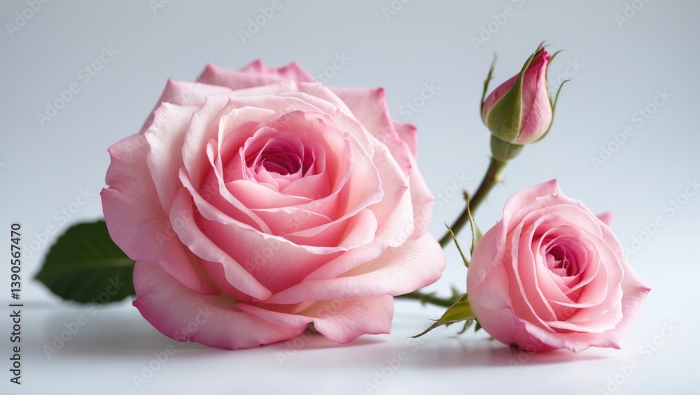 Fototapeta premium Bright pink rose blossoming with a bud, delicate isolated flower, vibrant color cutout object for decoration, design, invitations, cards, soft focus, and clipping path.