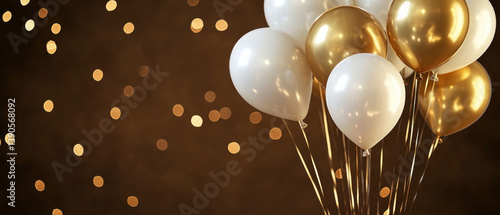 Wallpaper Mural Beautiful happy birthday or festive celebration, brown color background with golden white balloons and confettis, party, new, year, christmas, xmas, greeting card Torontodigital.ca