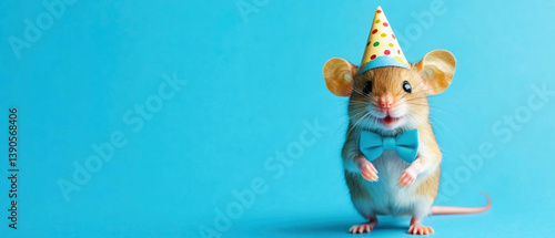 Wallpaper Mural Happy Birthday, carnival, New Year's eve, sylvester or other festive celebration, funny animals card - mouse with party hat, blue background Torontodigital.ca