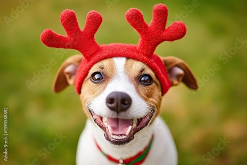 A Christmas-themed setting with a dog in a reindeer headband, lifting its paws in a silly and adorable gesture