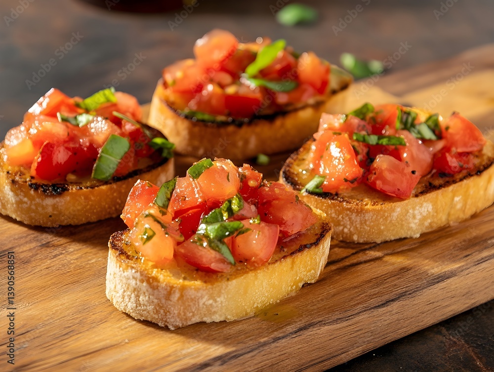 Bruschetta with tomatoes, basil, and green onions on a wooden board