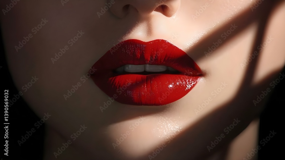 Obraz premium Close-up of a pair of luscious, glossy red lips, with light and shadow creating a dramatic effect. Concept Close-up Photography, Glossy Red Lips, Light and Shadow Play, Dramatic Makeup