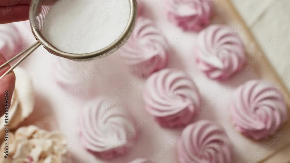 Close up of baker holding fine mesh sifter and carefully sprinkling sugar over neatly arranged swirl cupcakes in perfect rows on parchment paper, showcasing precision Close up of baker holding fine mesh sifter and carefully sprinkling sugar over neatly arranged swirl cupcakes in perfect rows on parchment paper, showcasing precision