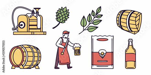 Cartoon Beer Brewing Process Illustration: Brewer, Barrels, Hops, Barley, Machine, Beer Mug, Bottle, Box