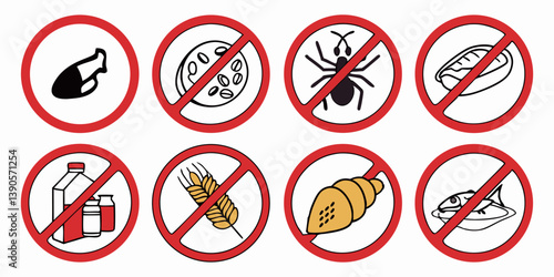 Food Allergy Prohibition Symbols Set: Red Circle No Signs Vector - Food Items Chicken Tomato Spider Steak Milk Wheat Fish Shellfish