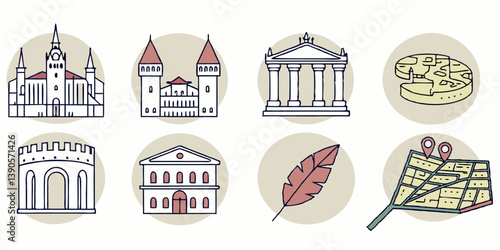 Landmarks Food Writing Travel Flat Vector Circle Icons Set