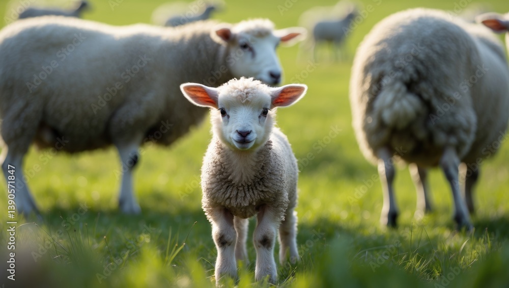 Obraz premium Young Merino lamb cuddles with its mother among a flock of sheep. Animal portrait that symbolically expresses security and closeness. The soft white wool is a sought-after farm product.