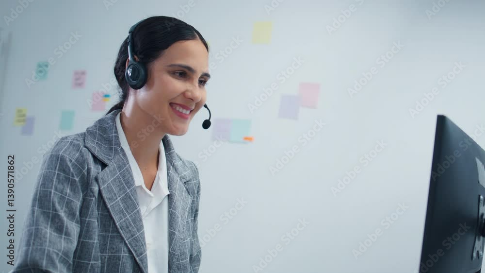 Concentrated Latin businesswoman, IT support whit headset giving support to customer at Virtual help desk in office. Latin woman call center working with clients at help desk for customer support. Concentrated Latin businesswoman, IT support whit headset giving support to customer at Virtual help desk in office. Latin woman call center working with clients at help desk for customer support.