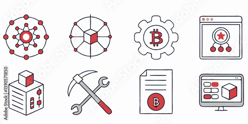 Bitcoin Mining Blockchain Cryptocurrency Icons Vector Set Flat Line Art Red Accents