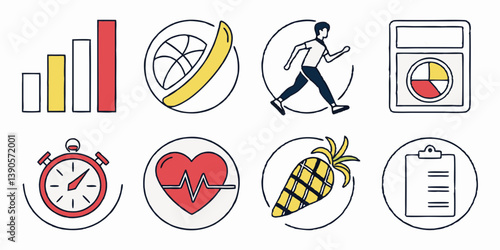 Health & Fitness Flat Vector Icons: Diet, Exercise, Nutrition, Heart Health, Progress, Time, Checklist, Healthy Eating and Dieting Programs