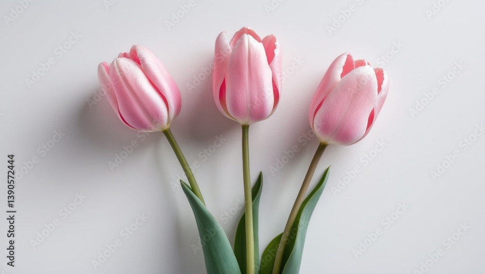 Fototapeta premium Three Young pink tulips separated against a white backdrop