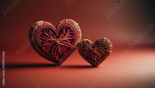 Two red wooden hearts on a gradient red paper backdrop. Copy space.