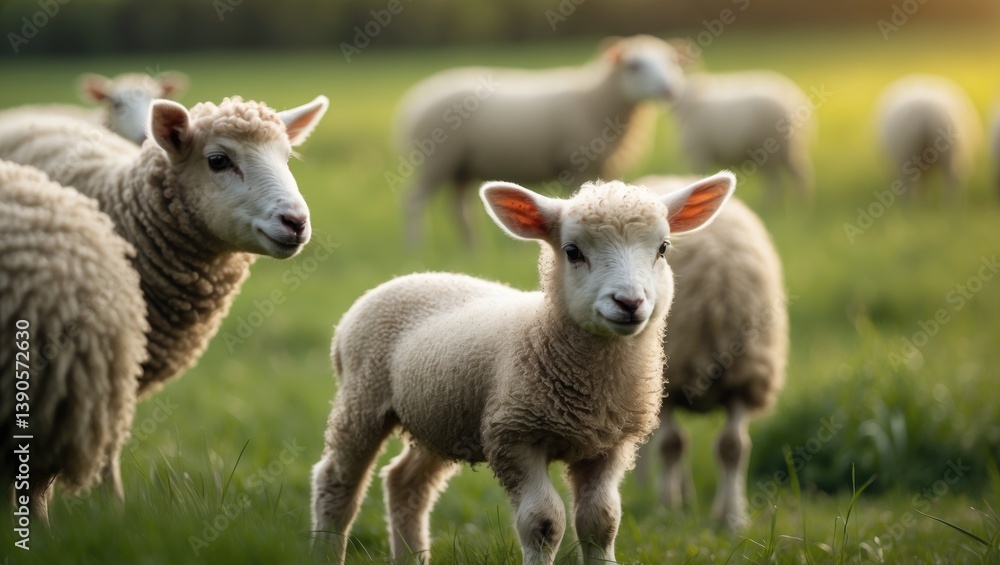 Young Merino lamb cuddles with its mother amidst a flock of sheep. Animal portrait that symbolically emanates security and closeness. The soft white wool is a sought-after farm product. Young Merino lamb cuddles with its mother amidst a flock of sheep. Animal portrait that symbolically emanates security and closeness. The soft white wool is a sought-after farm product.