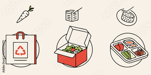 Sustainable Takeaway Food Packaging: Carrot, Salad, Sushi, Tray, Recycling Bag Vector Icons