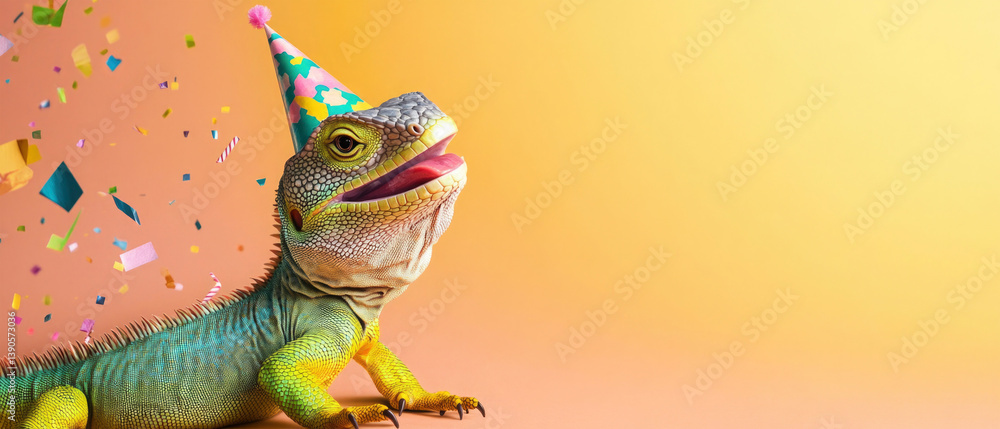 custom made wallpaper toronto digitalHappy Birthday, carnival, New Year's eve, sylvester or other festive celebration, funny animals card - lizard with party hat and colorful confettis, pastel orange red background