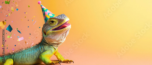 Wallpaper Mural Happy Birthday, carnival, New Year's eve, sylvester or other festive celebration, funny animals card - lizard with party hat and colorful confettis, pastel orange red background Torontodigital.ca