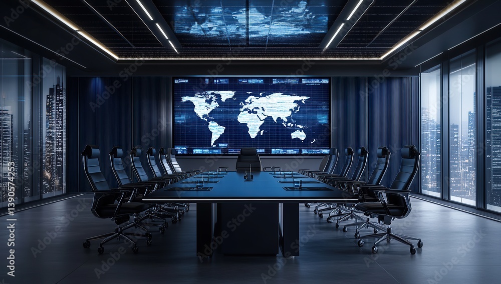 Modern digital boardroom with large LED screens displaying global maps and charts, Modern digital boardroom with large LED screens displaying global maps and charts,