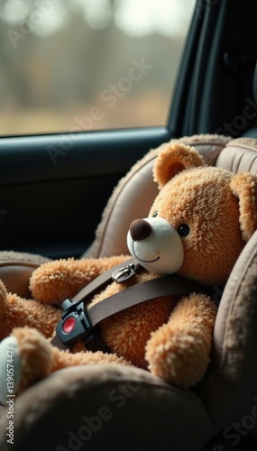 Toddler naps soundly in car seat, clutching large teddy , rest, teddy bear, young