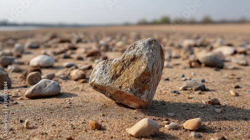 Heart-Shaped Rock on Sandy Beach with Pebbles