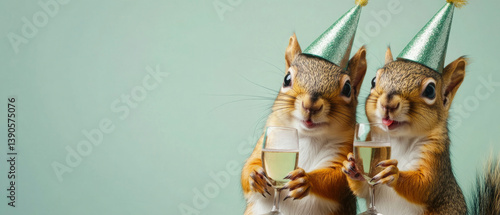 Fototapeta Naklejka Na Ścianę i Meble -  Happy Birthday, carnival, New Year's eve, sylvester or other festive celebration, funny animals card - squirrels holding a glass of champagner, wearing party hats, blue background 
