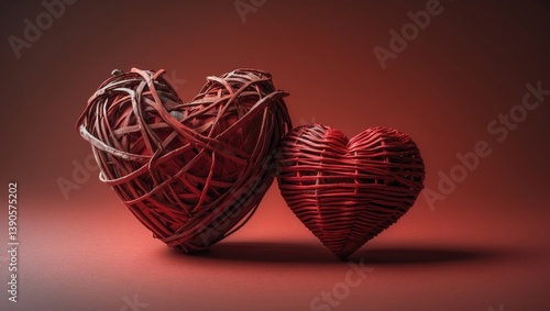 Two red wooden hearts on a gradient red paper backdrop. Copy space.